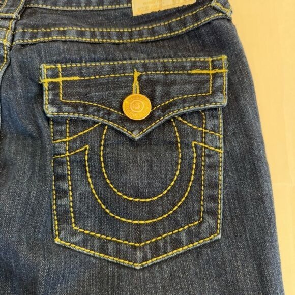 True Religion Jeans Joey Big T Flare Twisted Leg Size 27 Waist Denim Gold Stitch - Picture 7 of 13
